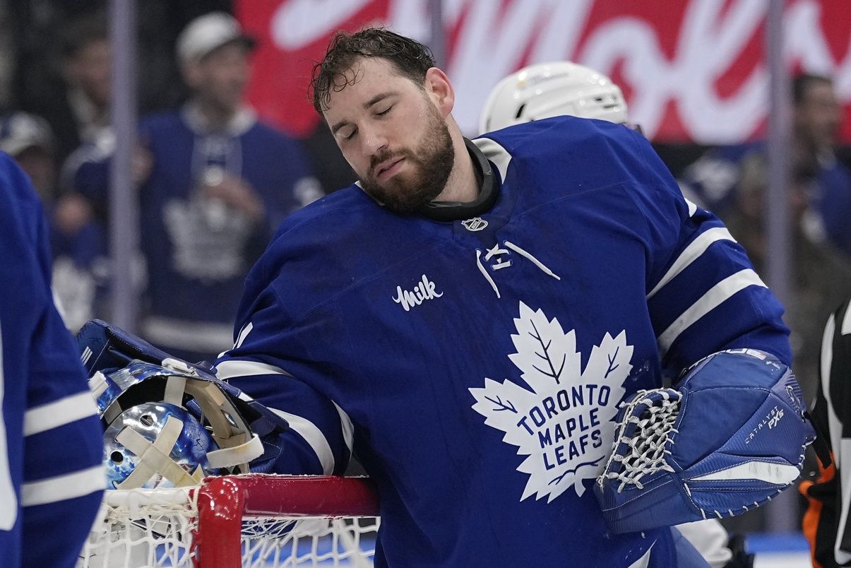 Toronto Maple Leafs goaltender Anthony Stolarz (41) reacts after being hit by Florida Panthers forward Sam Bennett (not pictured) during the second period of the second round of the 2025 Stanley Cup Playoffs at Scotiabank Arena.