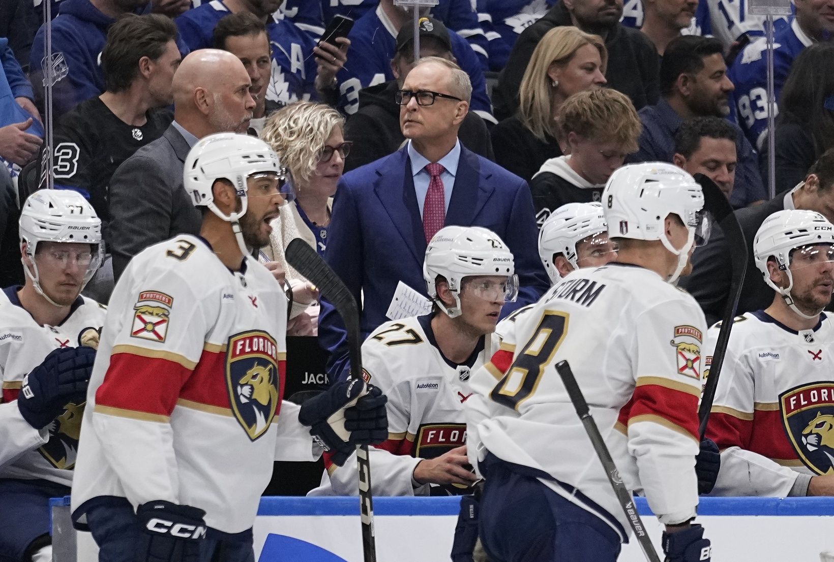 Florida Panthers head coach Paul Maurice on the bench during the first period of game one of the second round of the 2025 Stanley Cup Playoffs against the Toronto Maple Leafs at Scotiabank Arena.