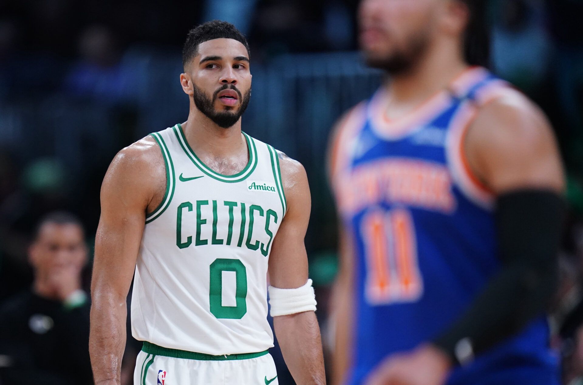 Boston Celtics forward Jayson Tatum (0) on the court against the New York Knicks in the third quarter during game one of the second round for the 2025 NBA Playoffs at TD Garden.