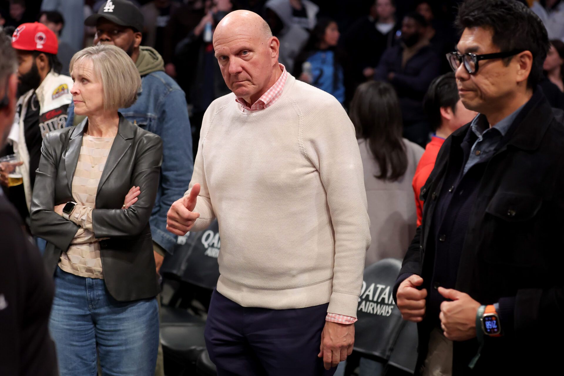 Los Angeles Clippers owner Steve Ballmer leaves his court side seat after a game against the Brooklyn Nets at Barclays Center.