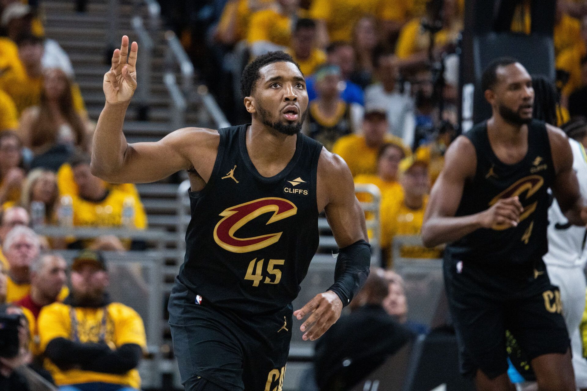 Cleveland Cavaliers guard Donovan Mitchell (45) celebrates a made basket during game three of the second round for the 2025 NBA Playoffs against the Indiana Pacers at Gainbridge Fieldhouse.
