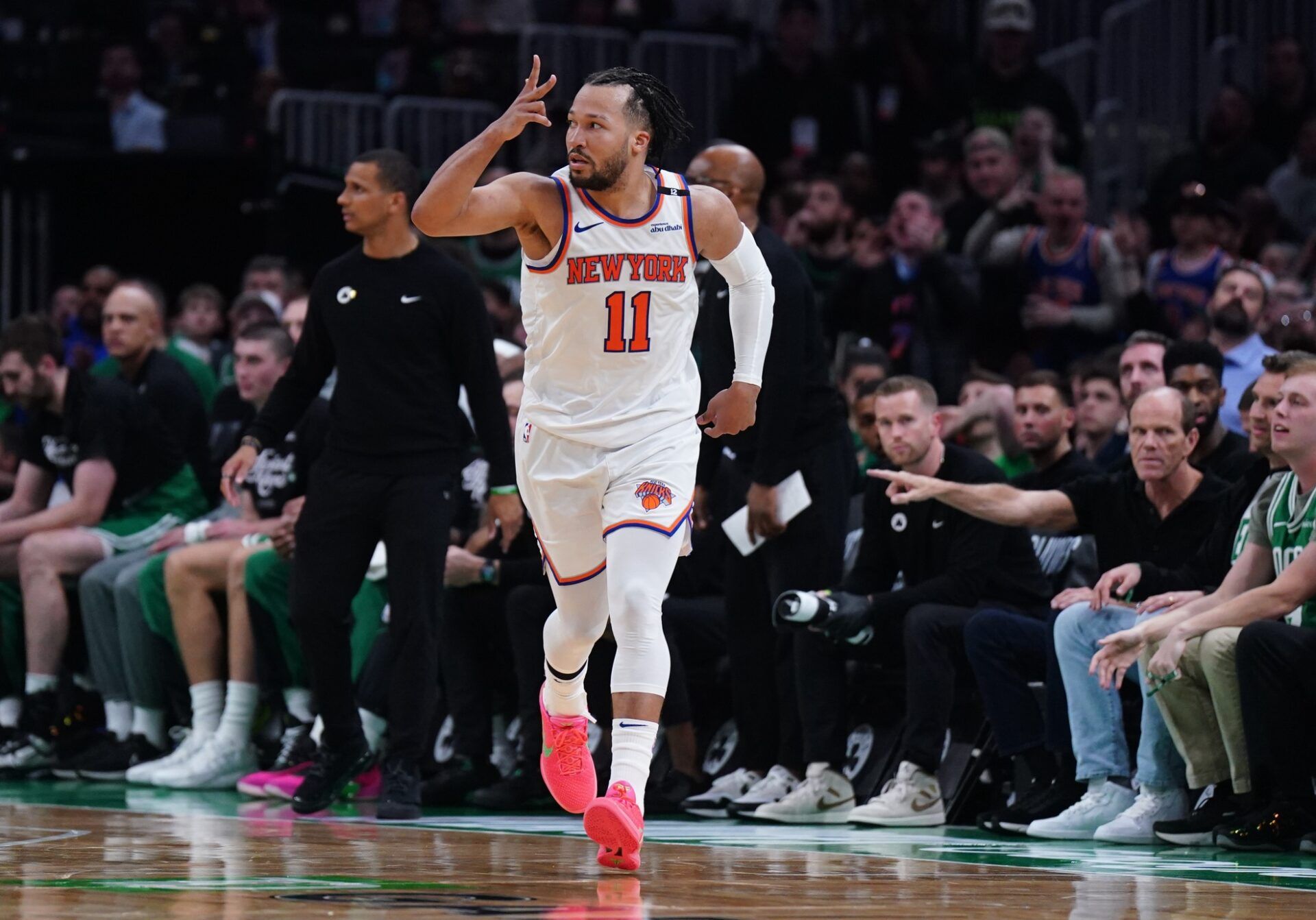 New York Knicks guard Jalen Brunson (11) reacts after his three point basket against the Boston Celtics in the second half during game two of the second round for the 2025 NBA Playoffs at TD Garden.