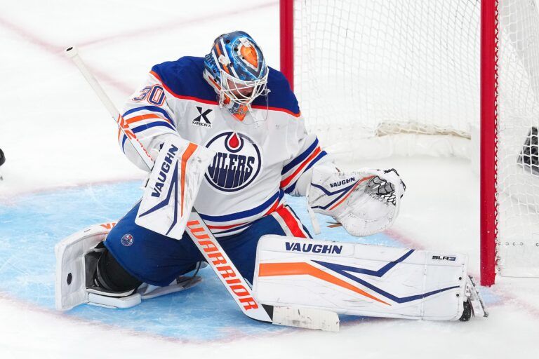 Edmonton Oilers goaltender Calvin Pickard (30) makes a save against the Vegas Golden Knights during the third period of game one of the second round of the 2025 Stanley Cup Playoffs at T-Mobile Arena.