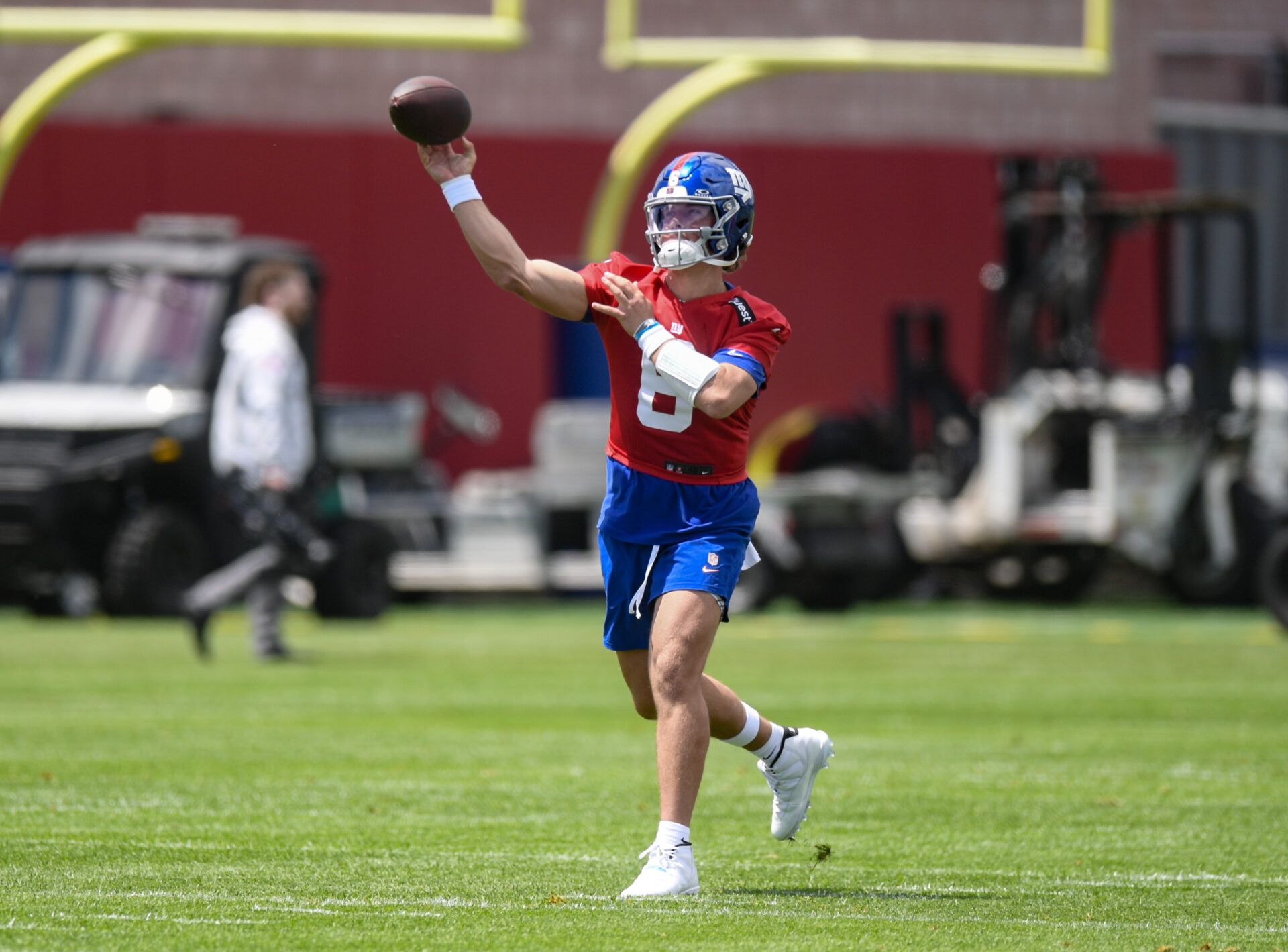 New York Giants quarterback Jaxson Dart (6) throws a pass during rookie minicamp at Quest Diagnostics Training Center.