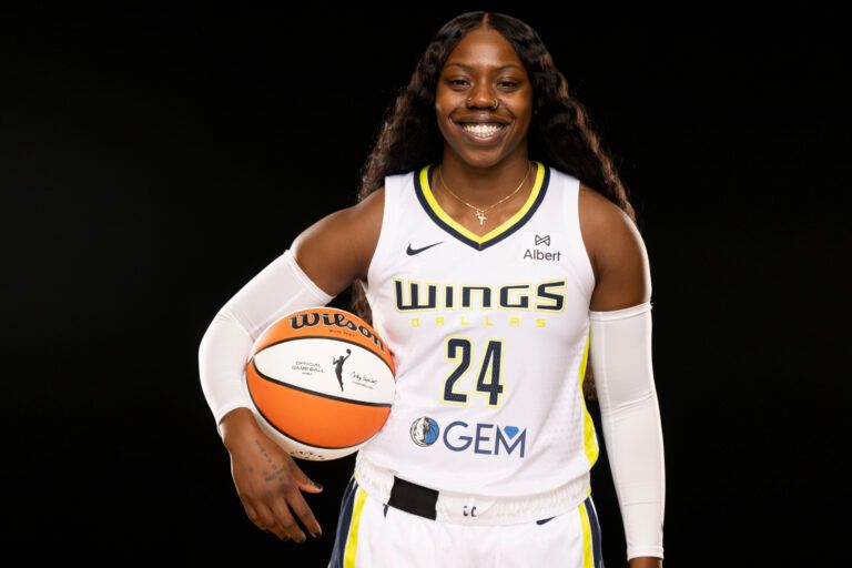 Dallas Wings guard Arike Ogunbowale poses for a photo during the 2025 Dallas Wings Media Day.