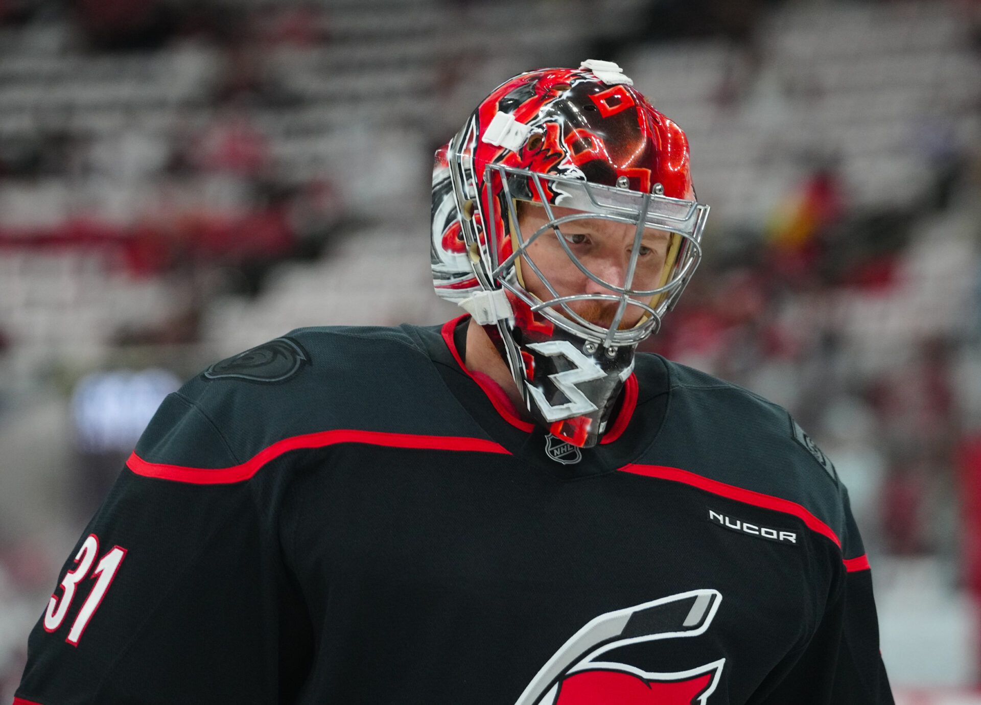 Carolina Hurricanes goaltender Frederik Andersen (31) looks on during the warmups before the game against the Washington Capitals in game three of the second round of the 2025 Stanley Cup Playoffs at Lenovo Center.