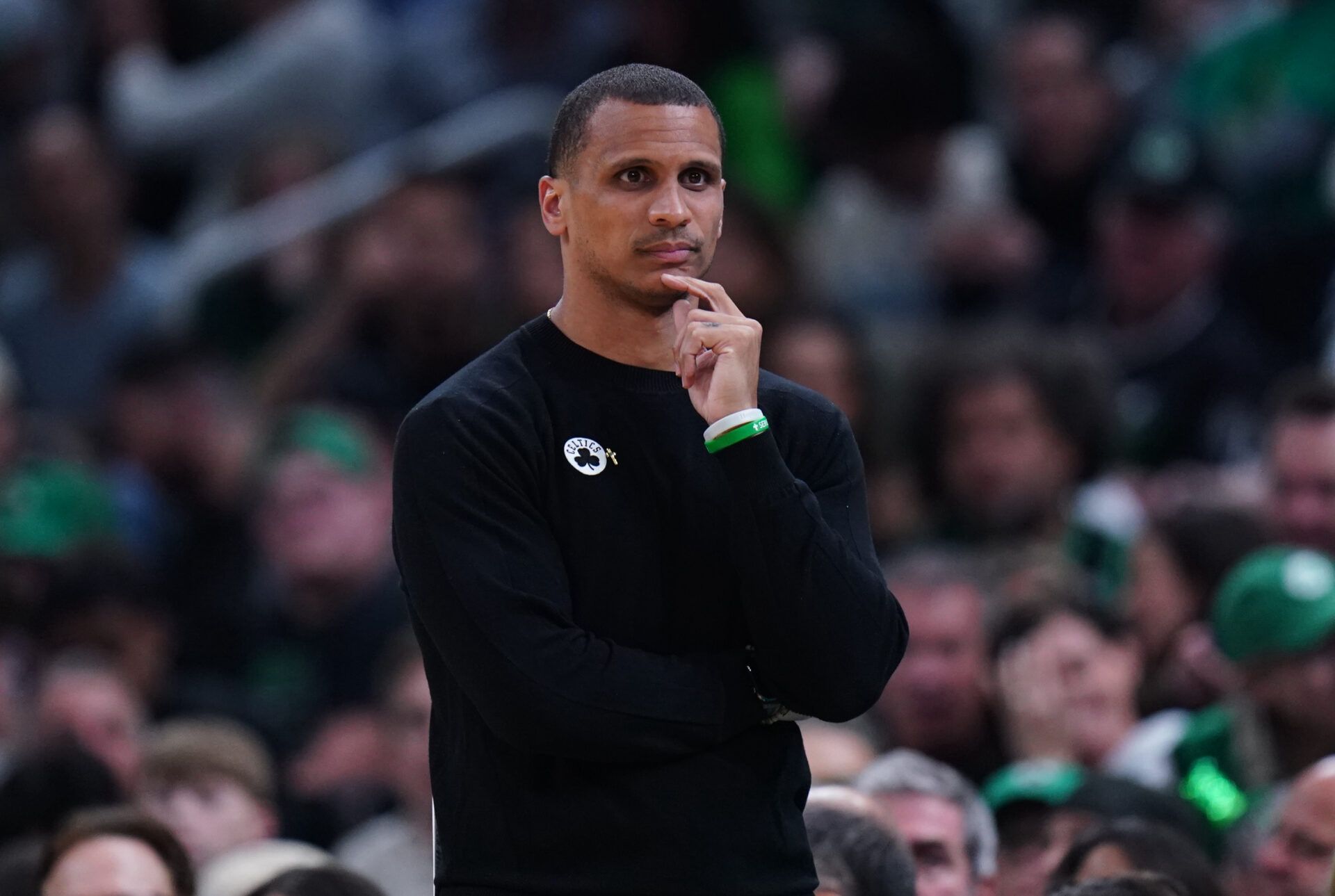 Boston Celtics head coach Joe Mazzulla watches from the sideline as they take on the New York Knicks during game one of the second round for the 2025 NBA Playoffs at TD Garden.