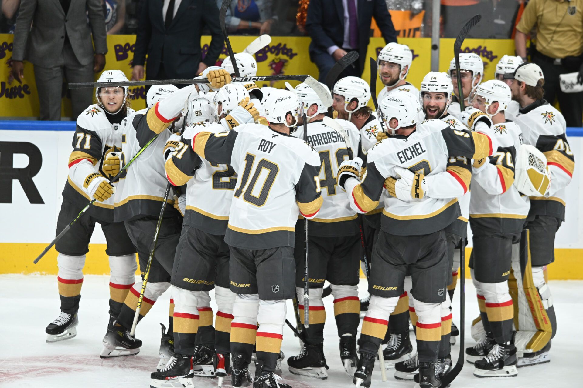 Las Vegas Golden Knights celebrate their win against the Edmonton Oilers during the third period in game three of the second round of the 2025 Stanley Cup Playoffs at Rogers Place.