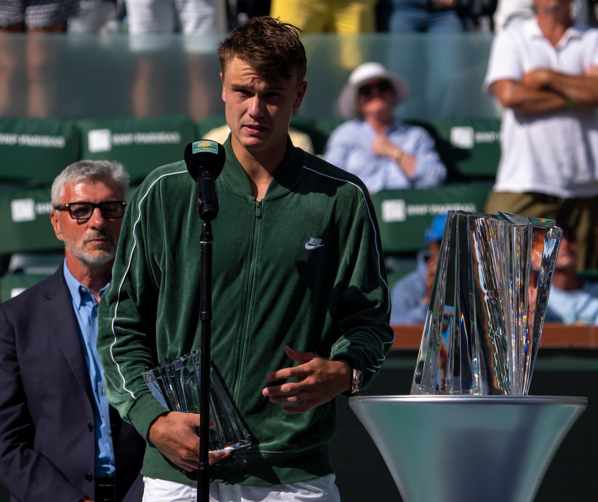 Holger Rune speaks after falling to Jack Draper during the men's championship final of the BNP Paribas Open in Indian Wells, Calif., Sunday, March 16, 2025.