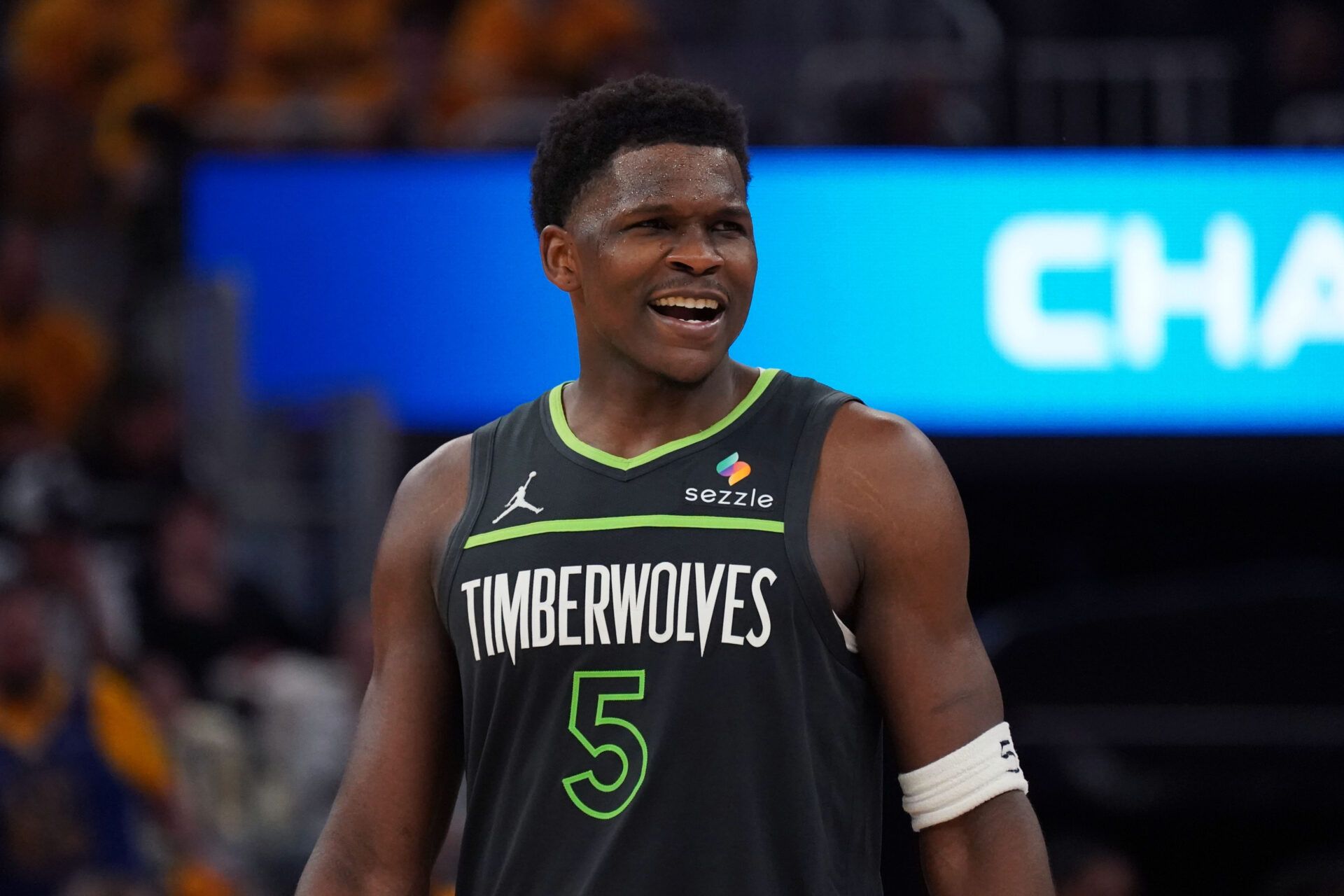 Minnesota Timberwolves guard Anthony Edwards (5) smiles after being fouled by the Golden State Warriors in the fourth quarter during game three in the second round for the 2025 NBA Playoffs at Chase Center.