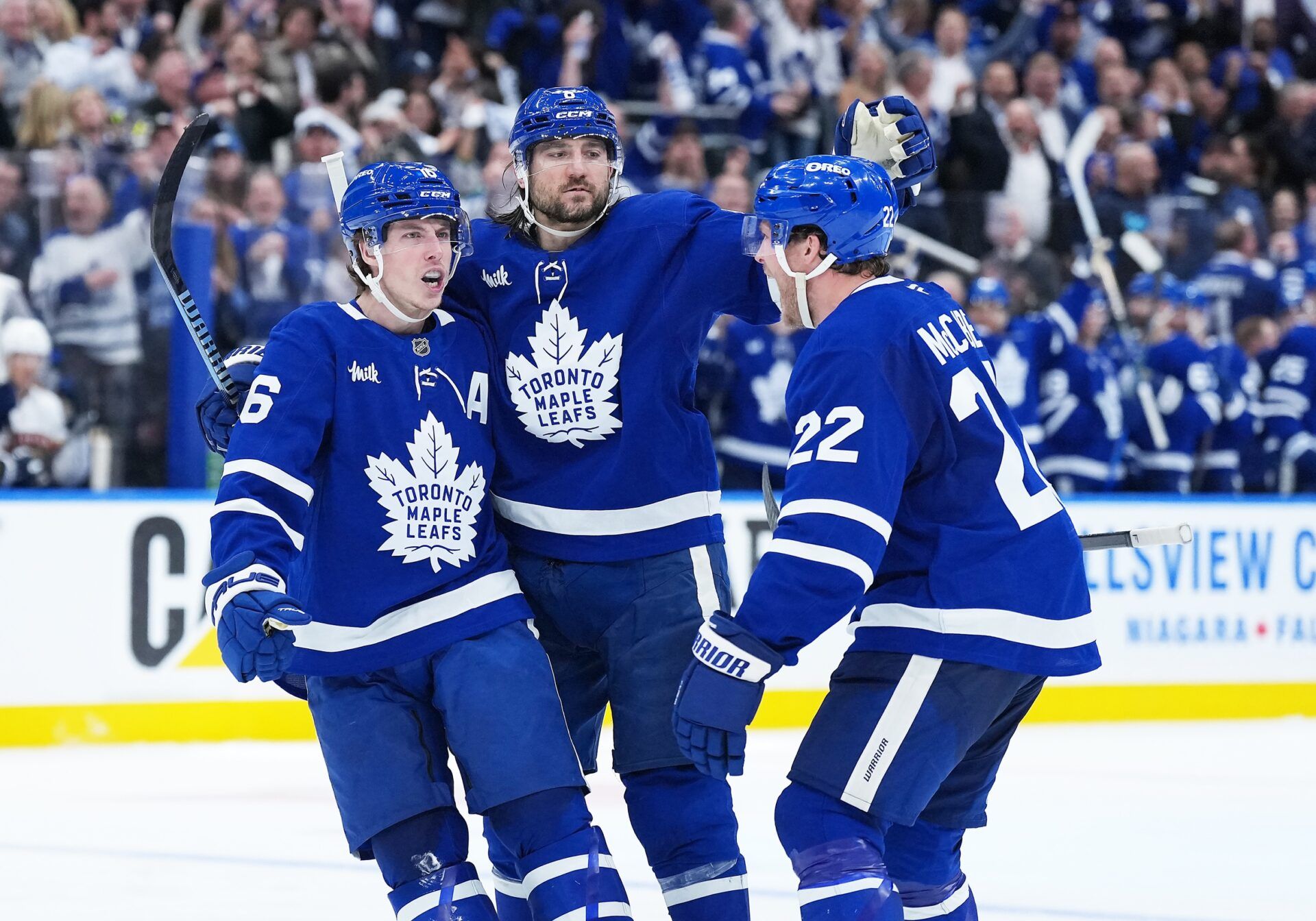 Toronto Maple Leafs right wing Mitch Marner (16) scores a goal and celebrates with defenseman Jake McCabe (22) against the Florida Panthers during the third period in game two of the second round of the 2025 Stanley Cup Playoffs at Scotiabank Arena.