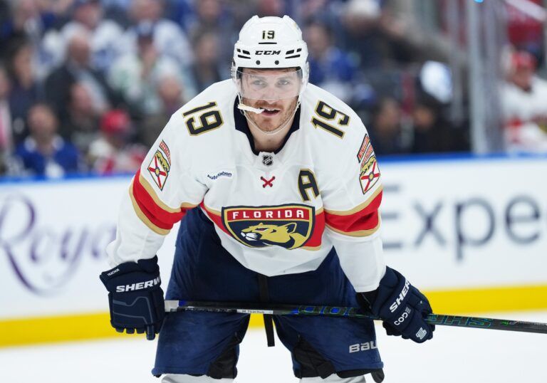 Florida Panthers left wing Matthew Tkachuk (19) waits for the faceoff against the Toronto Maple Leafs during the second period in game two of the second round of the 2025 Stanley Cup Playoffs at Scotiabank Arena.