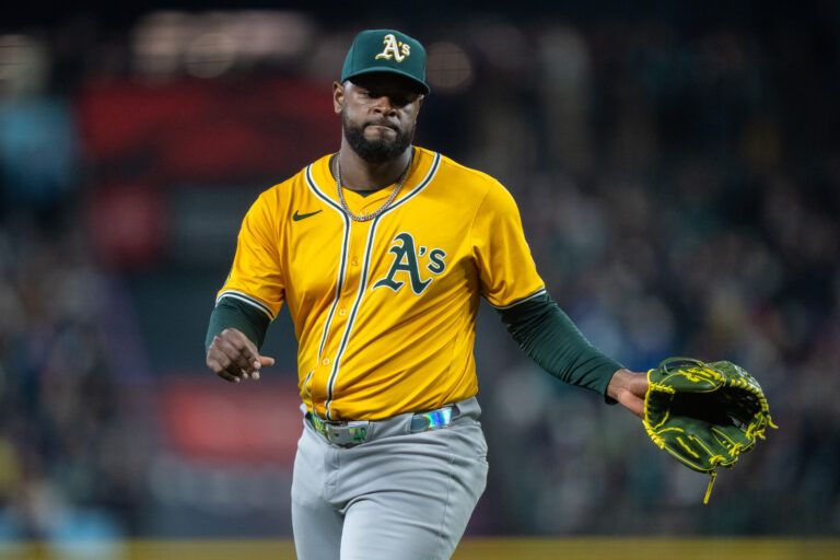 SEATTLE, WA - MARCH 27: Starter Luis Severino #40 of the Athletics walks off the field during a game against the Seattle Mariners on Opening Day at T-Mobile Park on March 27, 2025 in Seattle, Washington. The Mariners won 4-2. (Photo by Stephen Brashear/Getty Images)