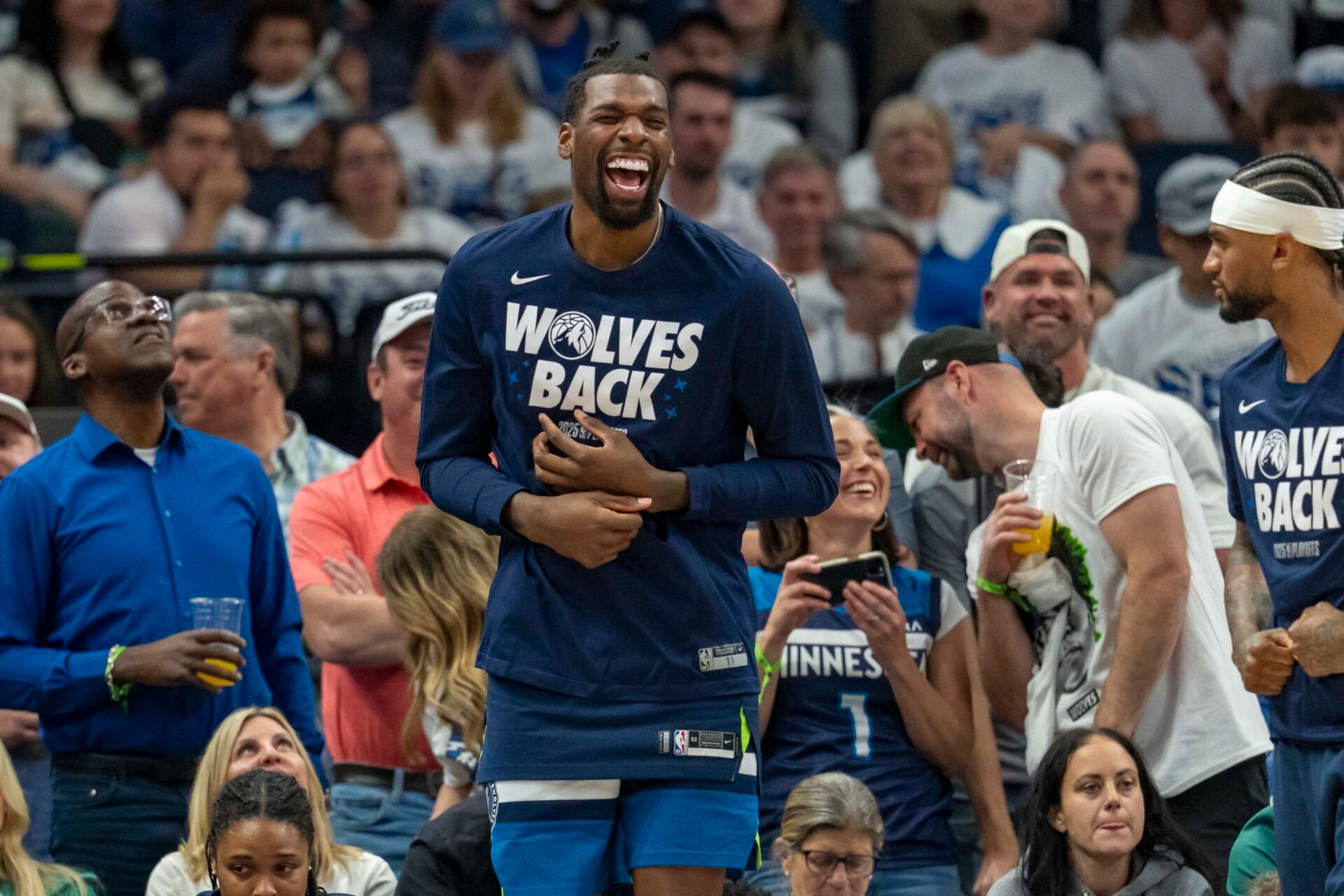 Minnesota Timberwolves center Naz Reid (11) reacts to a made shot during the first half against the Golden State Warriors during game two of the second round for the 2025 NBA Playoffs at Target Center.