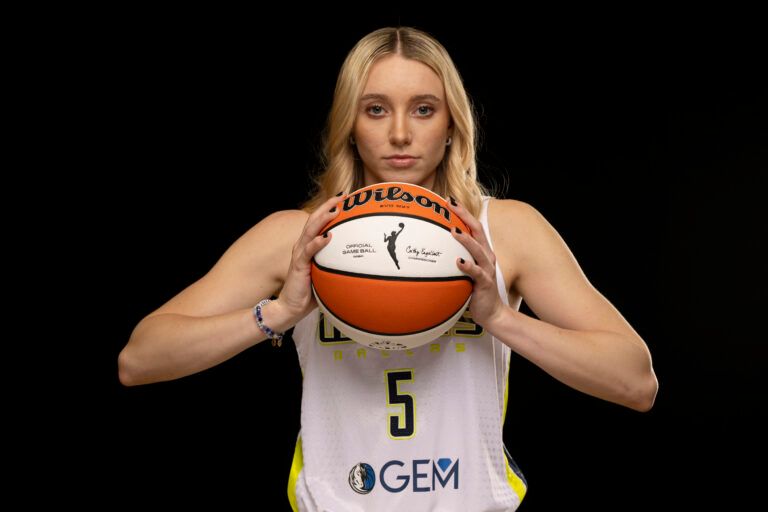 Dallas Wings guard Paige Bueckers poses for a photo during the 2025 Dallas Wings Media Day.