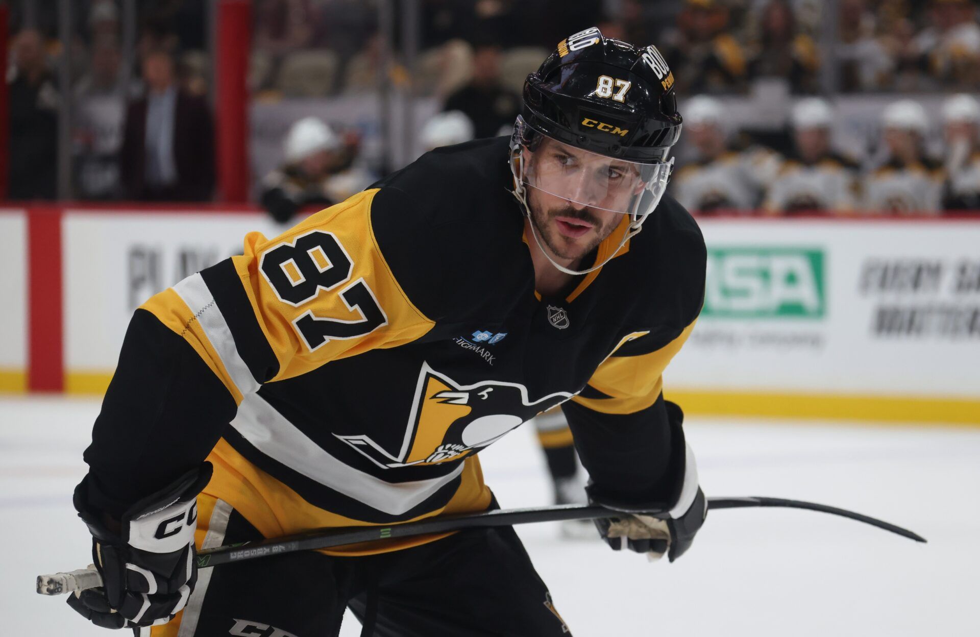 Pittsburgh Penguins center Sidney Crosby (87) looks on before a face-off against the Boston Bruins during the third period at PPG Paints Arena.
