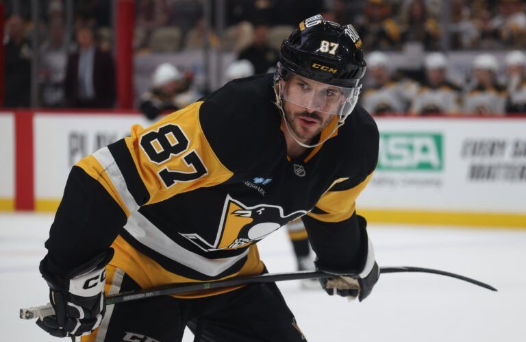 Pittsburgh Penguins center Sidney Crosby (87) looks on before a face-off against the Boston Bruins during the third period at PPG Paints Arena.