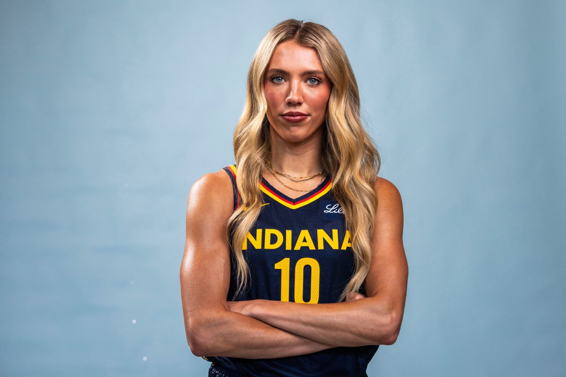 Indiana Fever guard Lexie Hull poses for a photo Wednesday, April 30, 2025, during the Indiana Fever media day at Gainbridge Fieldhouse in Indianapolis.