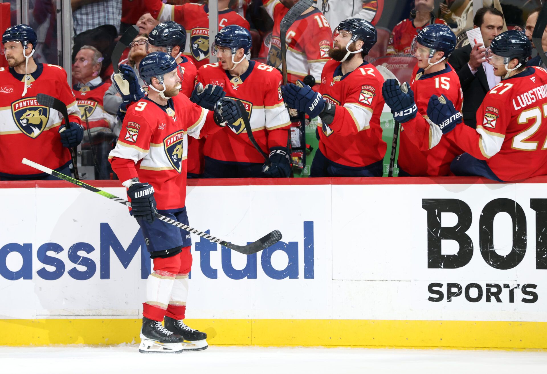 Florida Panthers center Sam Bennett (9) is congratulated after he scored a goal against the Toronto Maple Leafs during the third period in game four of the second round of the 2025 Stanley Cup Playoffs at Amerant Bank Arena.