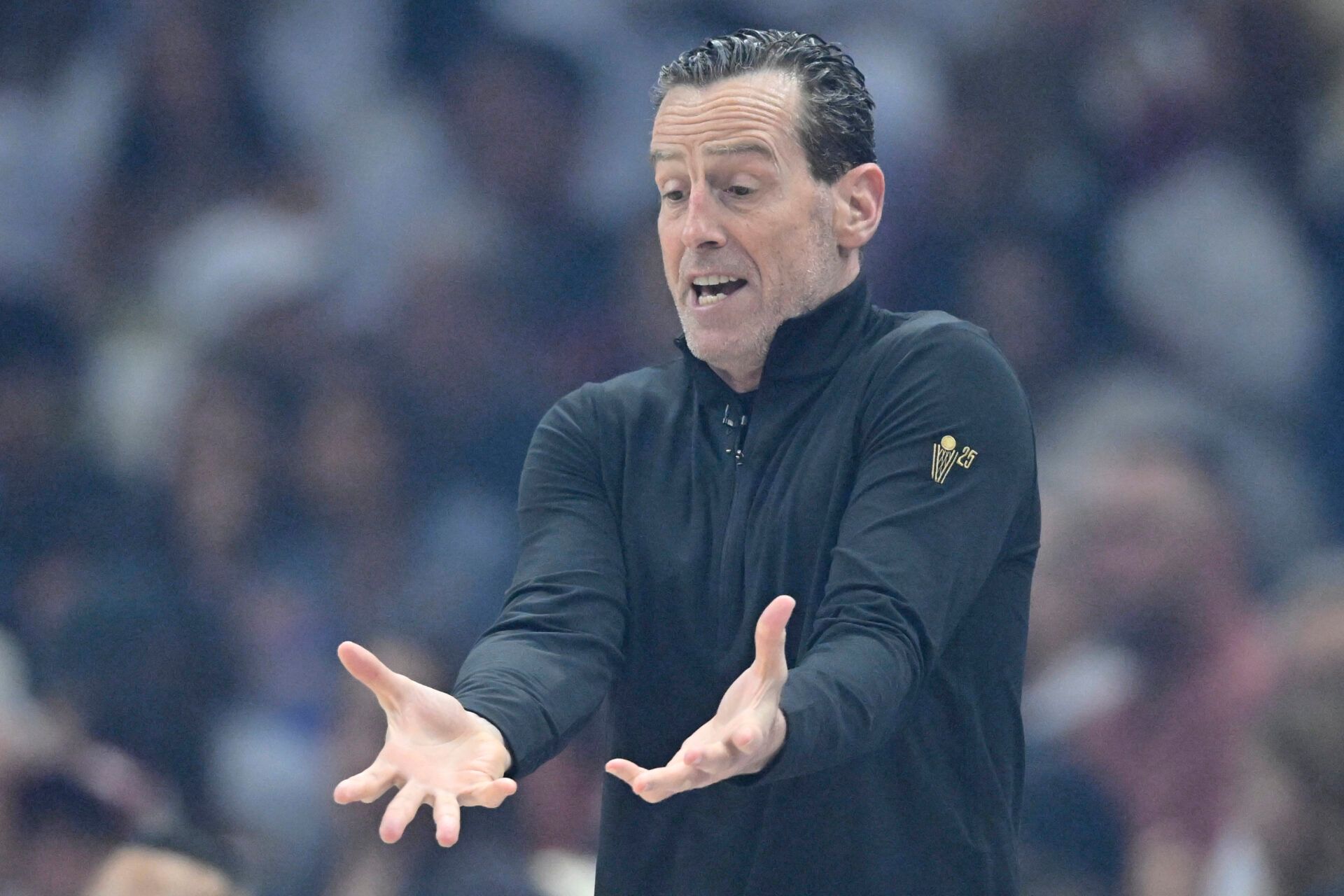 Cleveland Cavaliers head coach Kenny Atkinson reacts in the first quarter against the Indiana Pacers during game two of the second round of the 2025 NBA Playoffs at Rocket Arena.