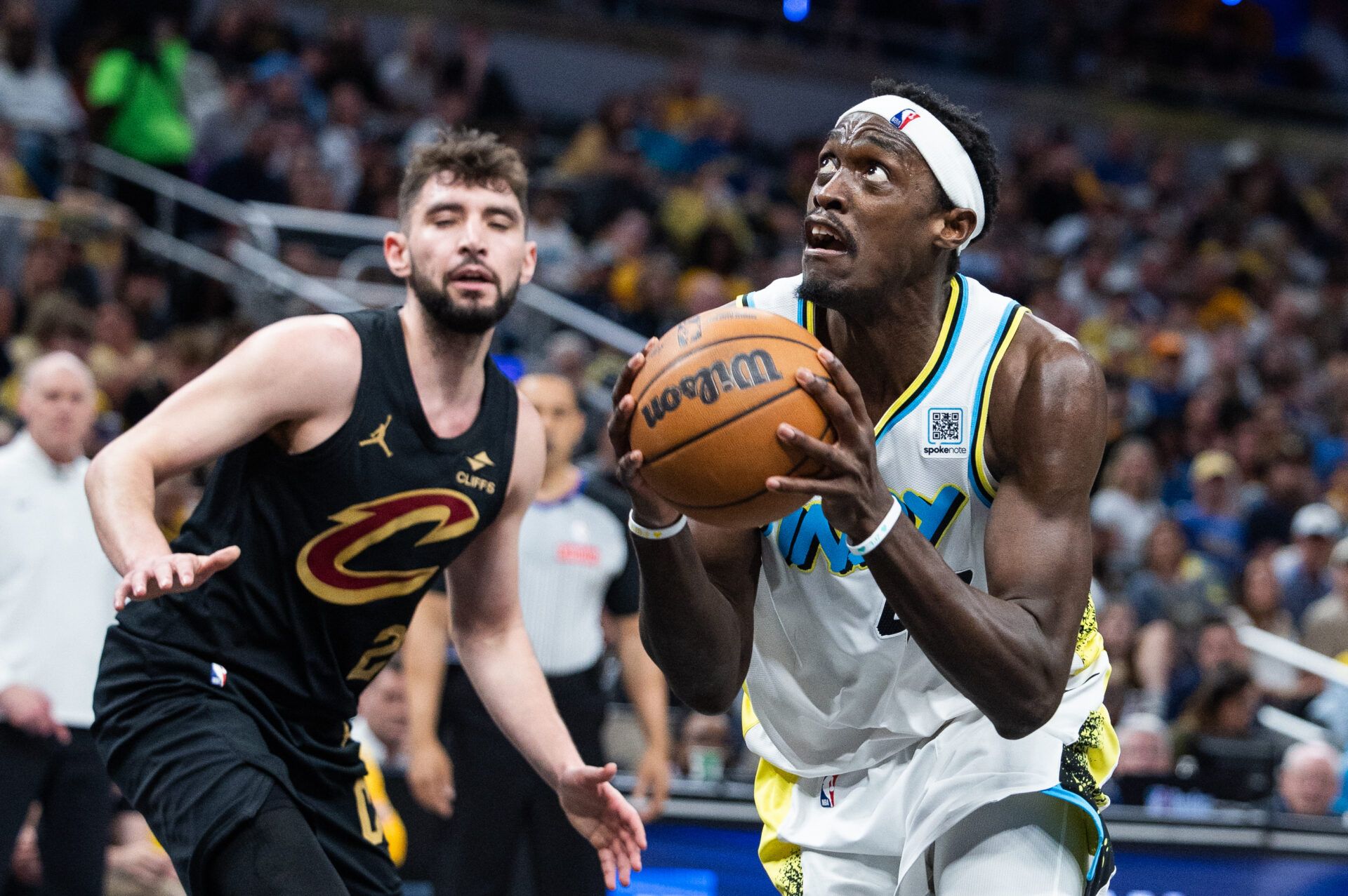 Indiana Pacers forward Pascal Siakam (43) shoots the ball while  Cleveland Cavaliers guard Ty Jerome (2) defends during game four of the second round for the 2025 NBA Playoffs at Gainbridge Fieldhouse.