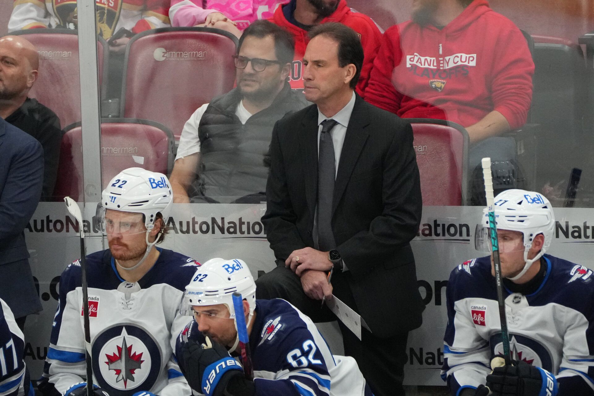 Winnipeg Jets head coach Scott Arniel looks on during the third period against the Florida Panthers at Amerant Bank Arena.