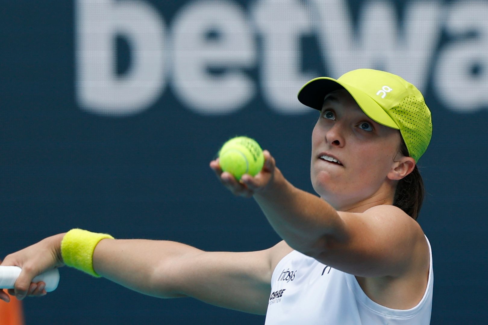 Iga Swiatek (POL) serves against Alexandra Eala (PHL)(not pictured) on day nine of the Miami Open at Hard Rock Stadium.