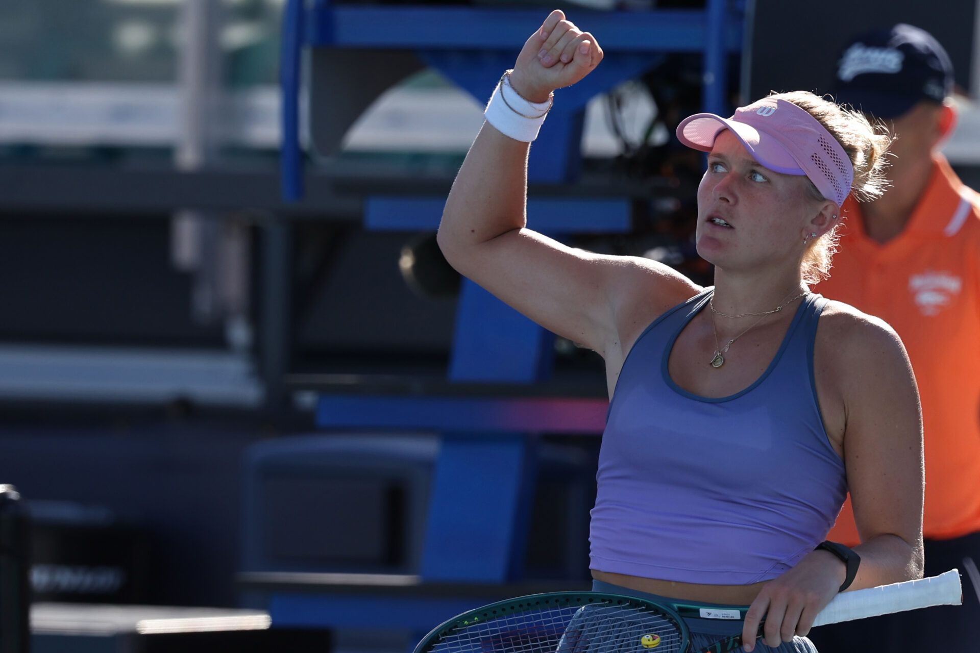 Peyton Stearns (USA) celebrates after her match against Katie Boulter (GBR)(not pictured) on day two of the Miami Open at Hard Rock Stadium.