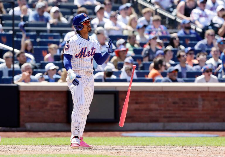 NEW YORK, NEW YORK - MAY 11:  Francisco Lindor #12 of the New York Mets watches his eighth inning home run against the Chicago Cubs at Citi Field on May 11, 2025 in New York City. (Photo by Jim McIsaac/Getty Images)