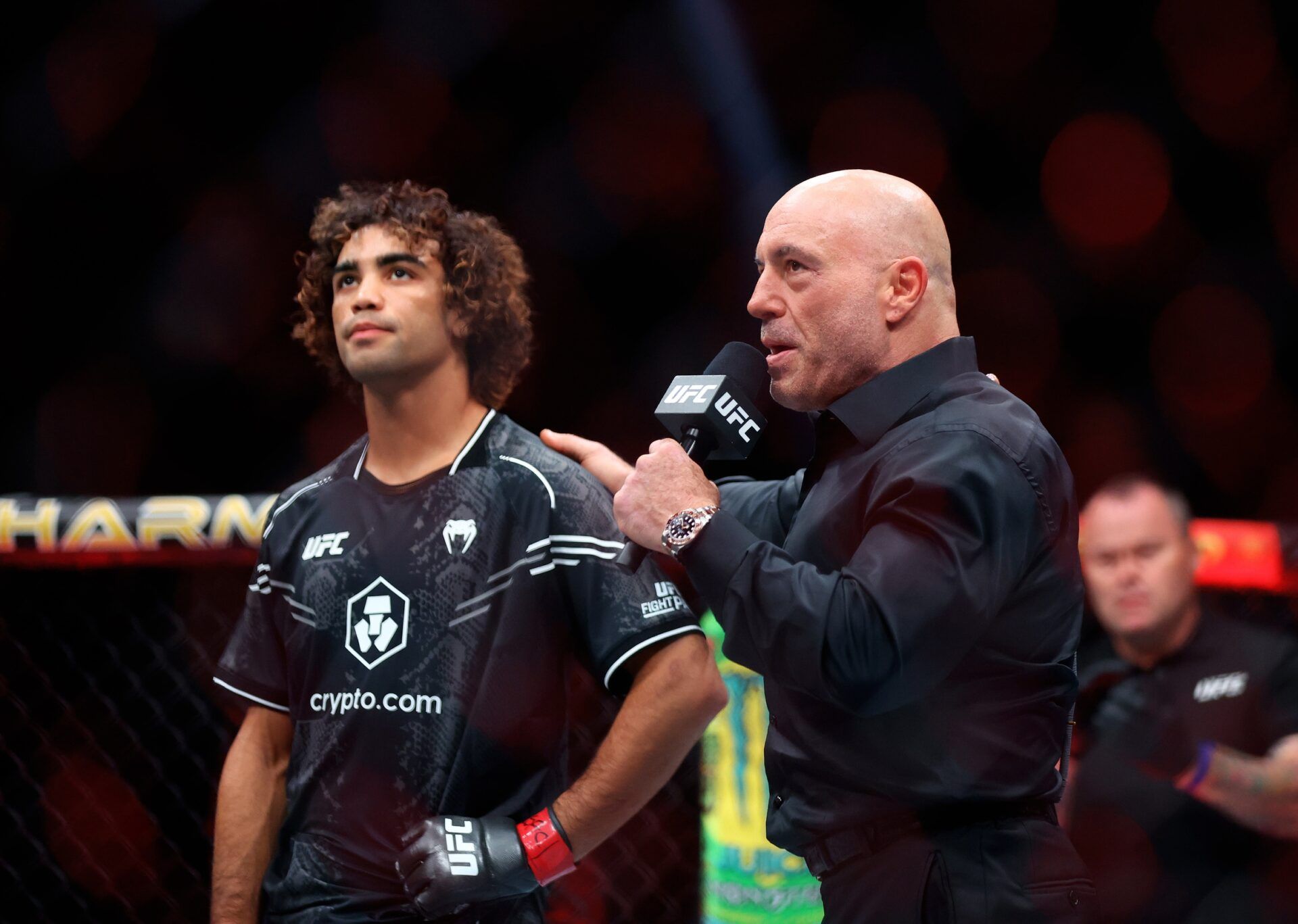 Payton Talbott (left) is interviewed by Joe Rogan during UFC 303 at T-Mobile Arena.