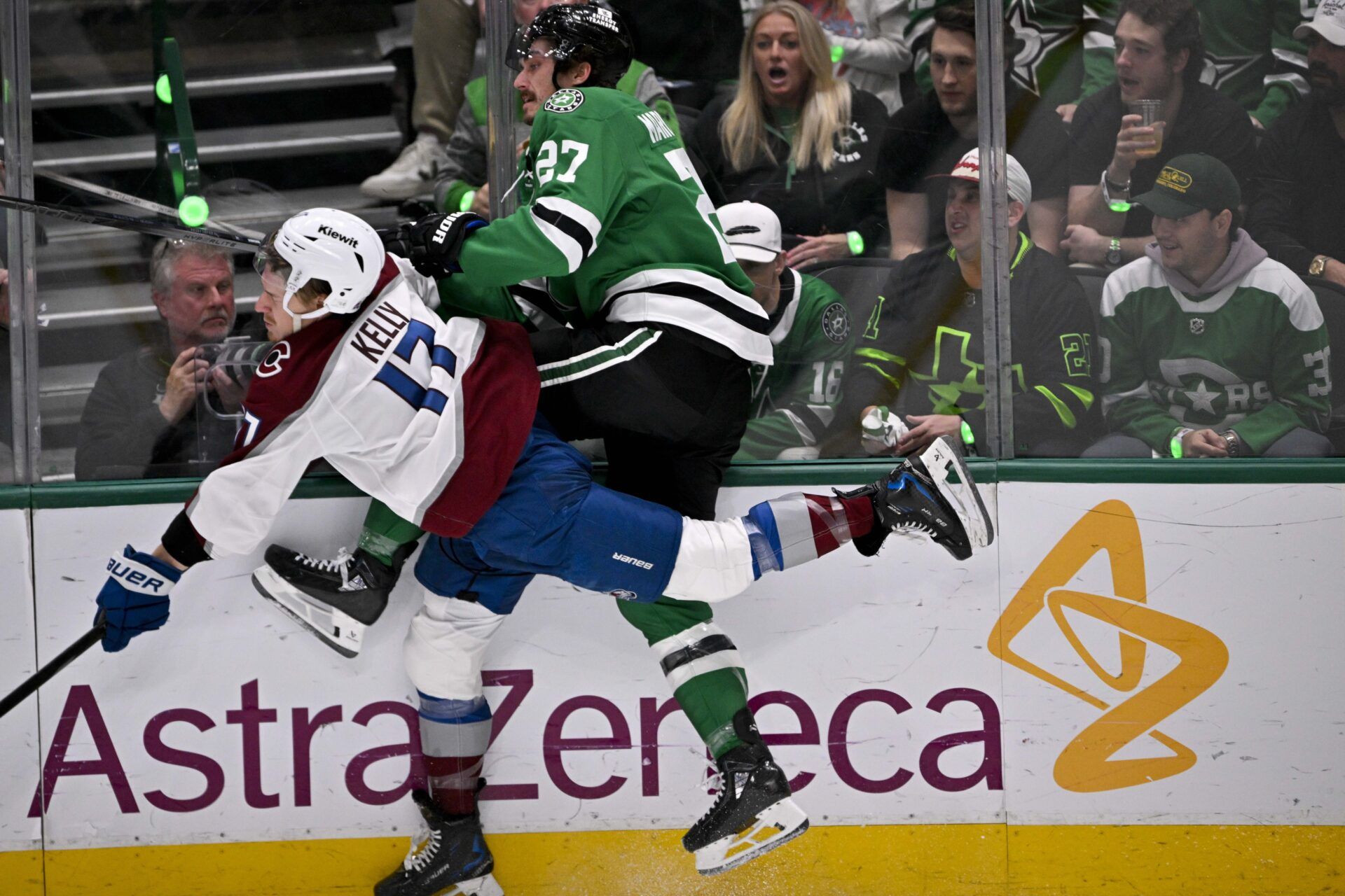 Colorado Avalanche center Parker Kelly (17) and Dallas Stars left wing Mason Marchment (27) in action during the game between the Dallas Stars and the Colorado Avalanche in game seven of the first round of the 2025 Stanley Cup Playoffs at American Airlines Center.
