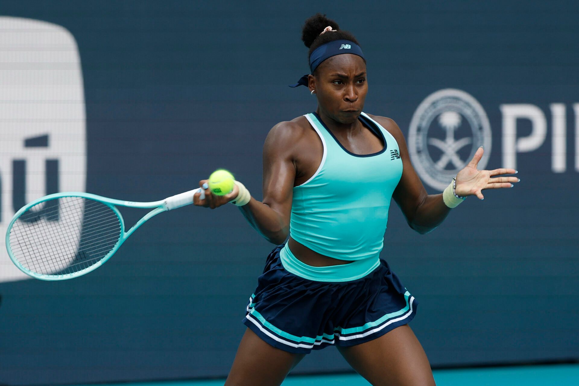 Coco Gauff (USA) hits a forehand against Magna Linette (POL)(not pictured) on day seven of the Miami Open at Hard Rock Stadium.