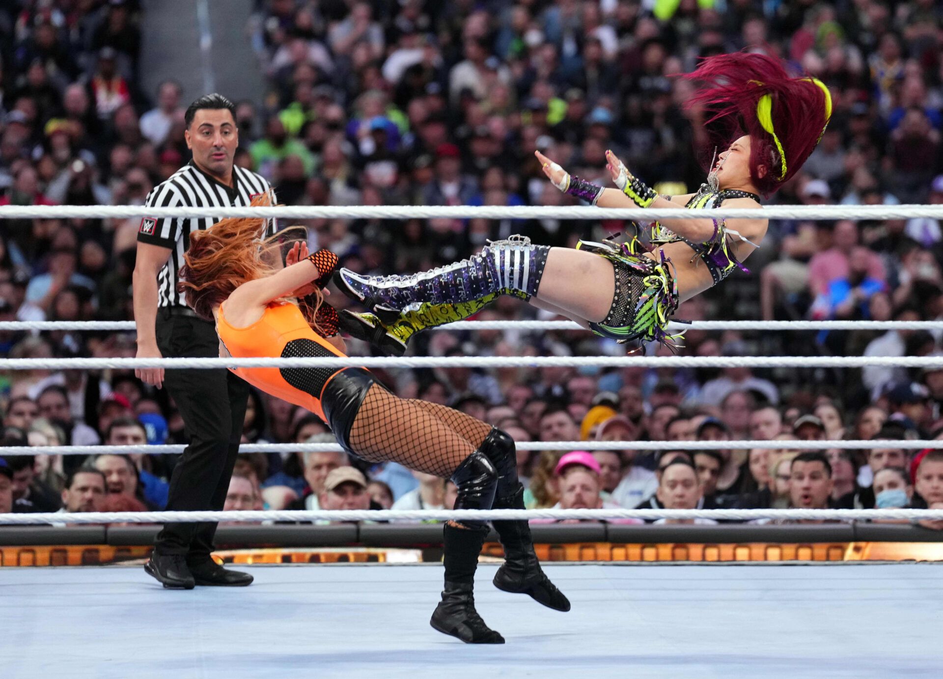 Iyo Sky (right) and Becky Lynch during Wrestlemania Night 1 at SoFi Stadium.