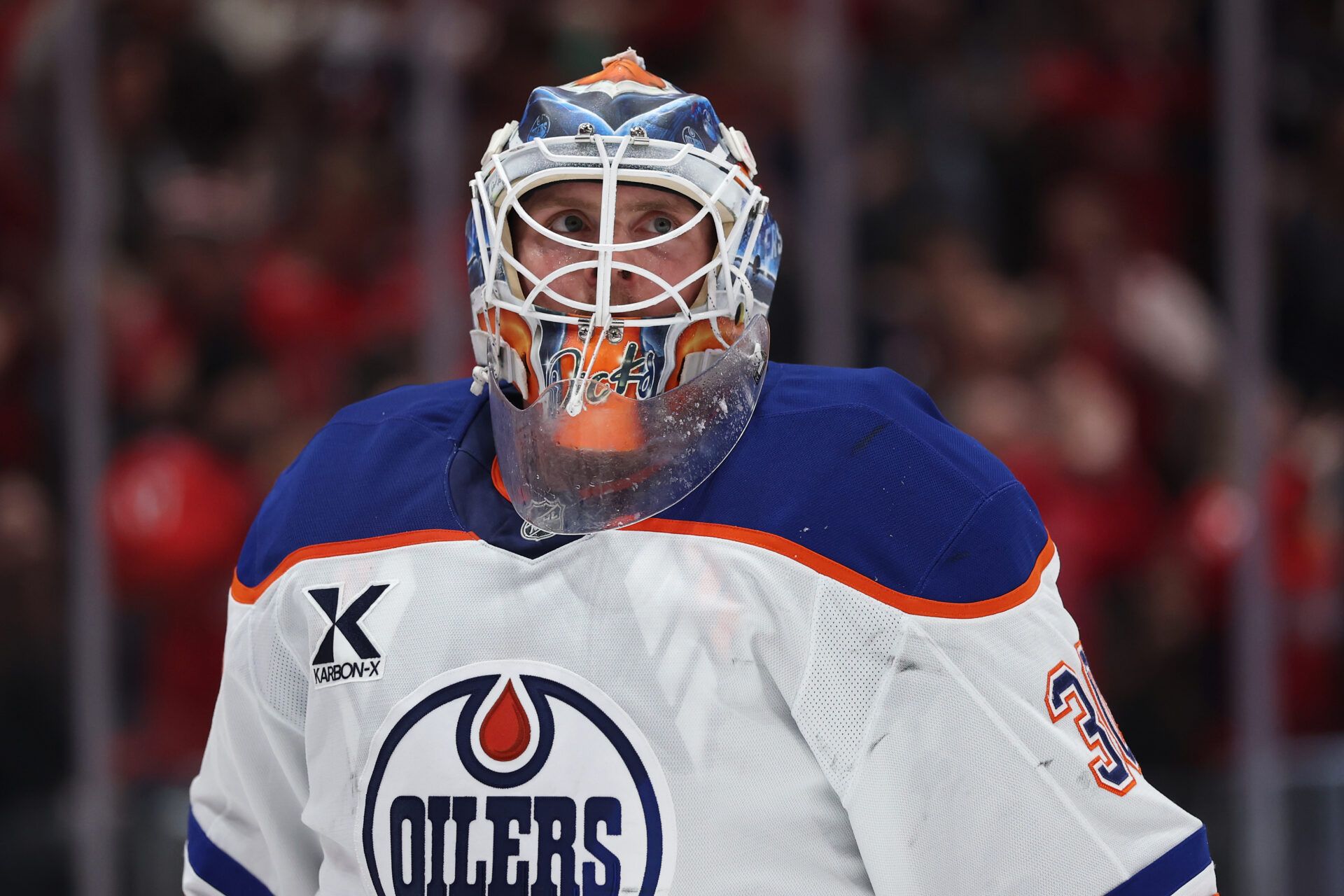 WASHINGTON, DC - FEBRUARY 23: Goalie Calvin Pickard #30 of the Edmonton Oilers reacts after allowing a goal to Connor McMichael #24 of the Washington Capitals during the second period at Capital One Arena on February 23, 2025 in Washington, DC. (Photo by Patrick Smith/Getty Images)
