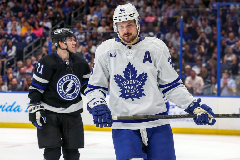 TAMPA, FL - APRIL 17: Auston Matthews #34 of the Toronto Maple Leafs reacts after his shot is saved against the Tampa Bay Lightning during the first period at the Amalie Arena on April 17, 2024 in Tampa, Florida. (Photo by Mike Carlson/Getty Images)