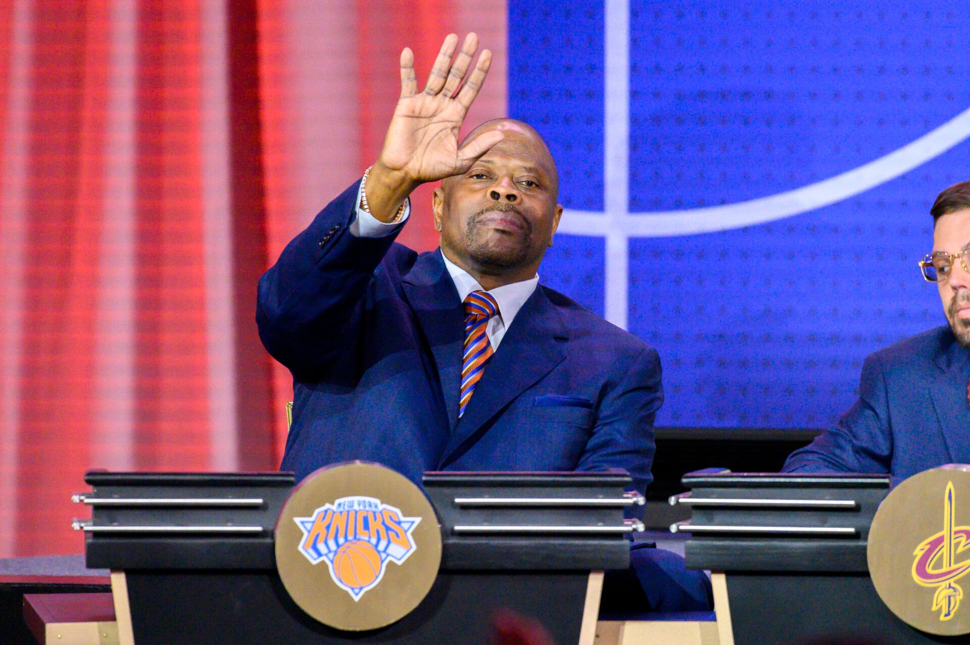 New York Knicks former player Patrick Ewing waves during the 2019 NBA Draft Lottery at the Hilton Chicago.