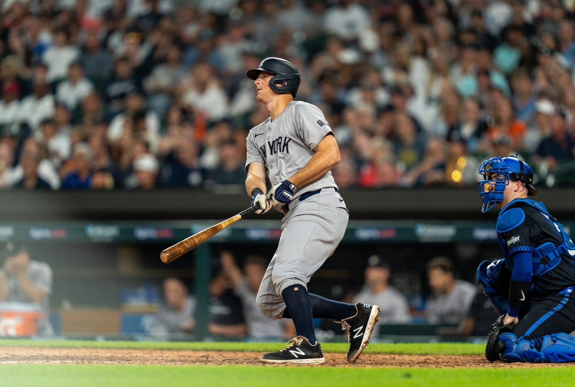 New York Yankees first baseman DJ LeMahieu (26) hits the ball against the Detroit Tigers at Comerica Park in Detroit on Friday, Aug. 16, 2024.