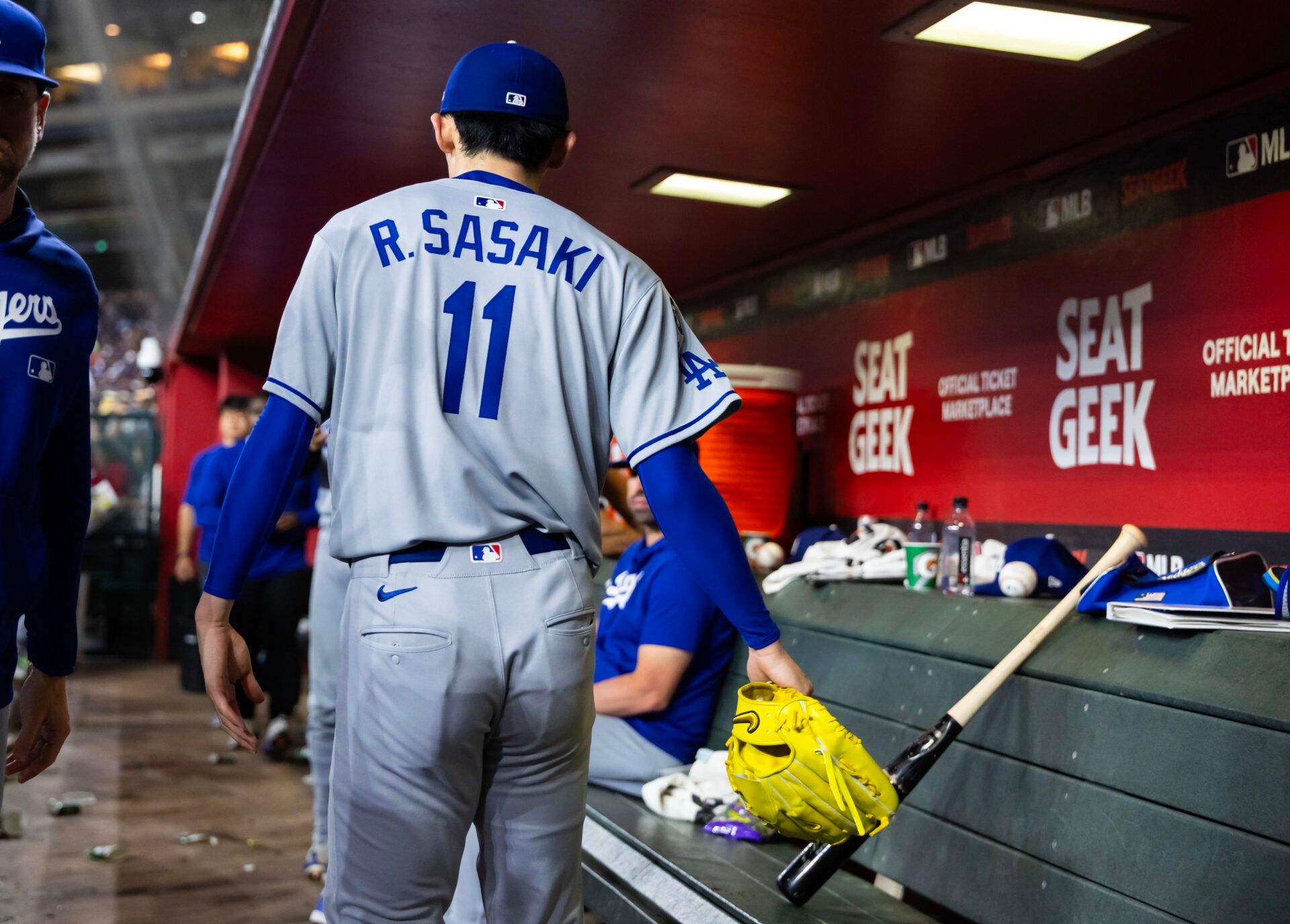 Detailed view of the jersey of Los Angeles Dodgers pitcher Roki Sasaki (11) as he leaves the game in the fifth inning against the Arizona Diamondbacks at Chase Field.