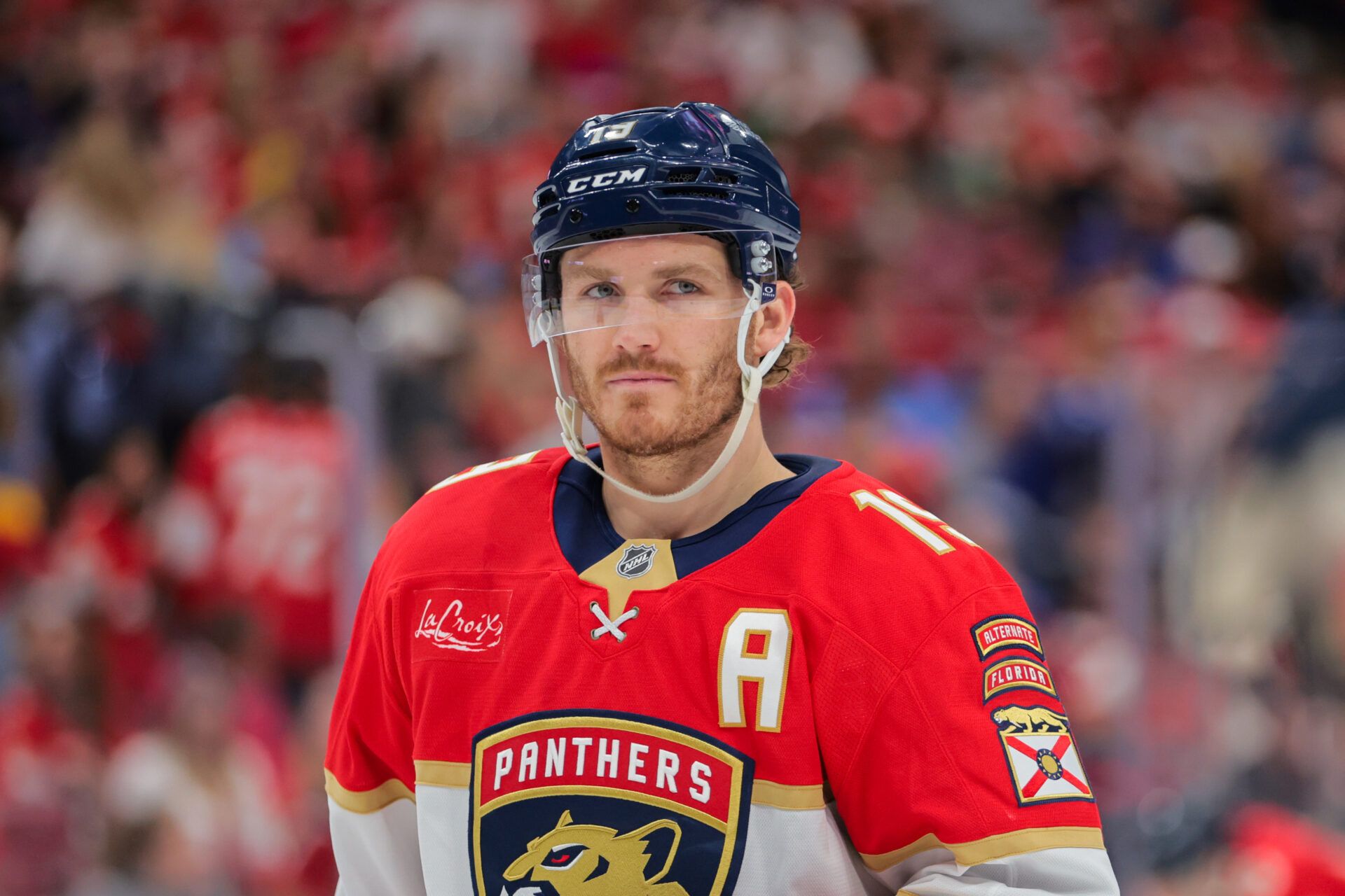 Florida Panthers left wing Matthew Tkachuk (19) looks on against the Toronto Maple Leafs during the third period in game three of the second round of the 2025 Stanley Cup Playoffs at Amerant Bank Arena.