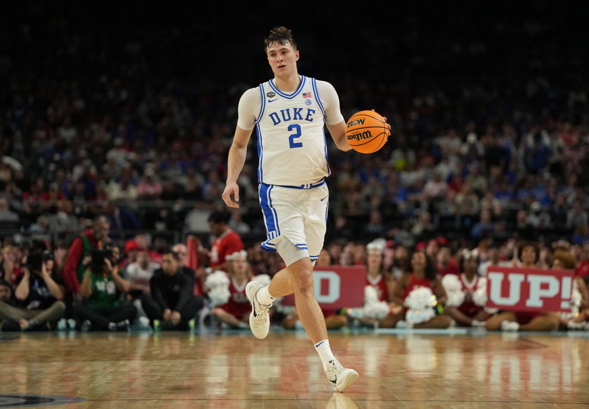 Duke Blue Devils forward Cooper Flagg (2) dribbles the ball against the Houston Cougars during the second half in the semifinals of the men's Final Four of the 2025 NCAA Tournament at the Alamodome.