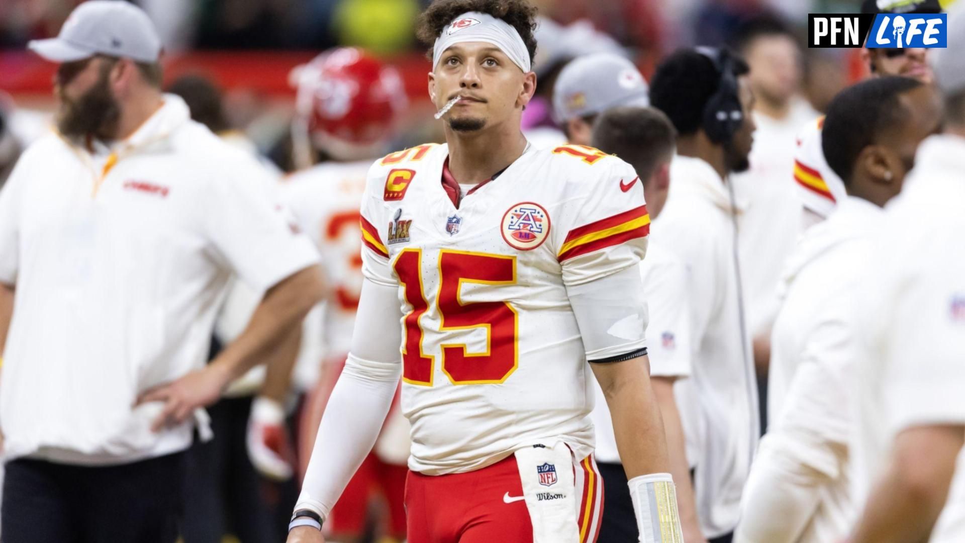 Kansas City Chiefs quarterback Patrick Mahomes (15) reacts against the Philadelphia Eagles in Super Bowl LIX at Ceasars Superdome