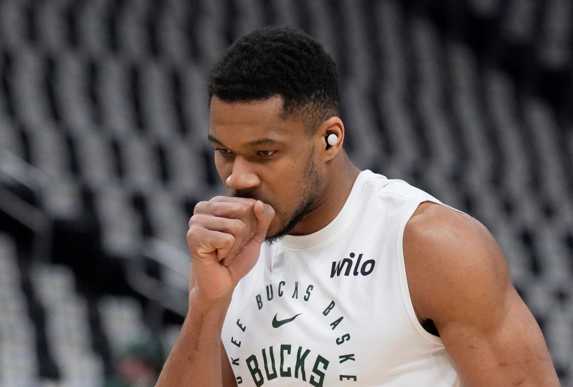Milwaukee Bucks forward Giannis Antetokounmpo (34) warms up before game three against the Indiana Pacers in the first round for the 2024 NBA Playoffs at Fiserv Forum.