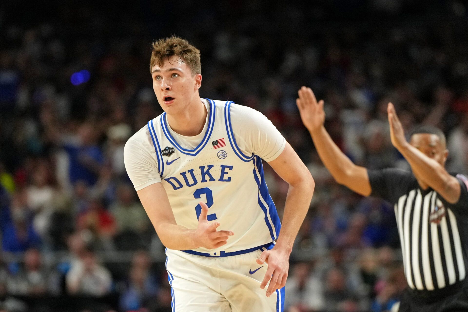 Duke Blue Devils forward Cooper Flagg (2) reacts after a three point basket against the Houston Cougars during the first half in the semifinals of the men's Final Four of the 2025 NCAA Tournament at the Alamodome.