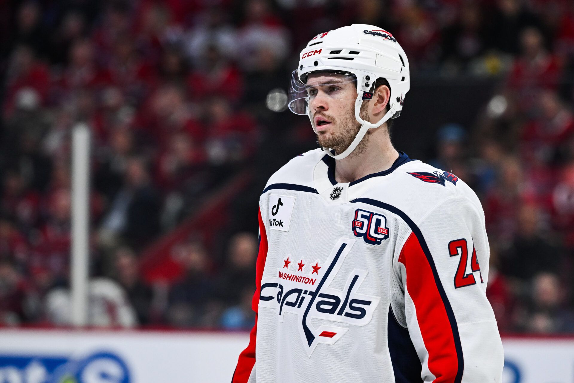 Washington Capitals center Connor McMichael (24) looks on against the Montreal Canadiens during the first period in game four of the first round of the 2025 Stanley Cup Playoffs at Bell Centre.
