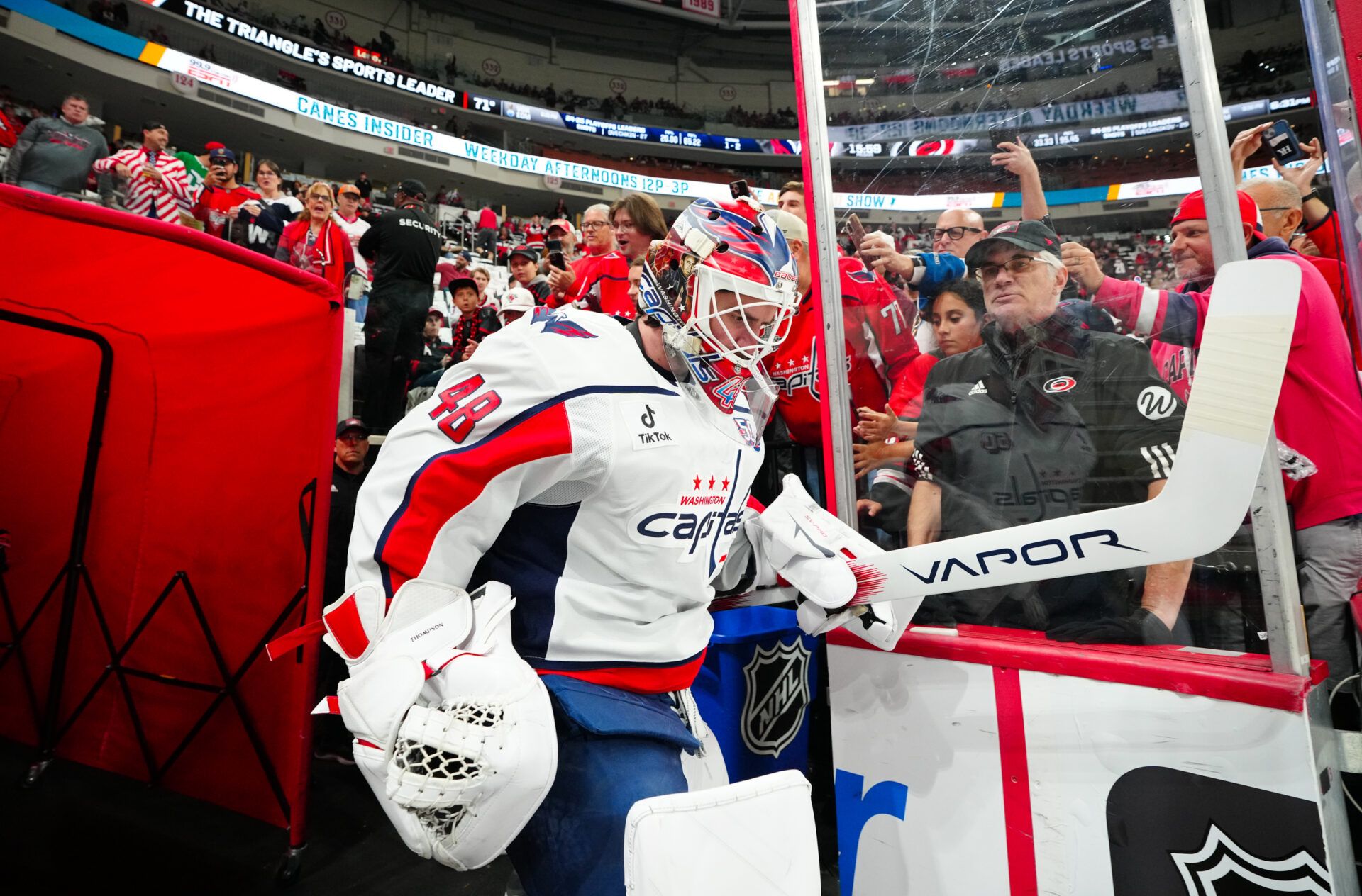 Washington Capitals goaltender Logan Thompson (48) goes past the fans on his way to the warmups before the game against the Carolina Hurricanes in game four of the second round of the 2025 Stanley Cup Playoffs at Lenovo Center.