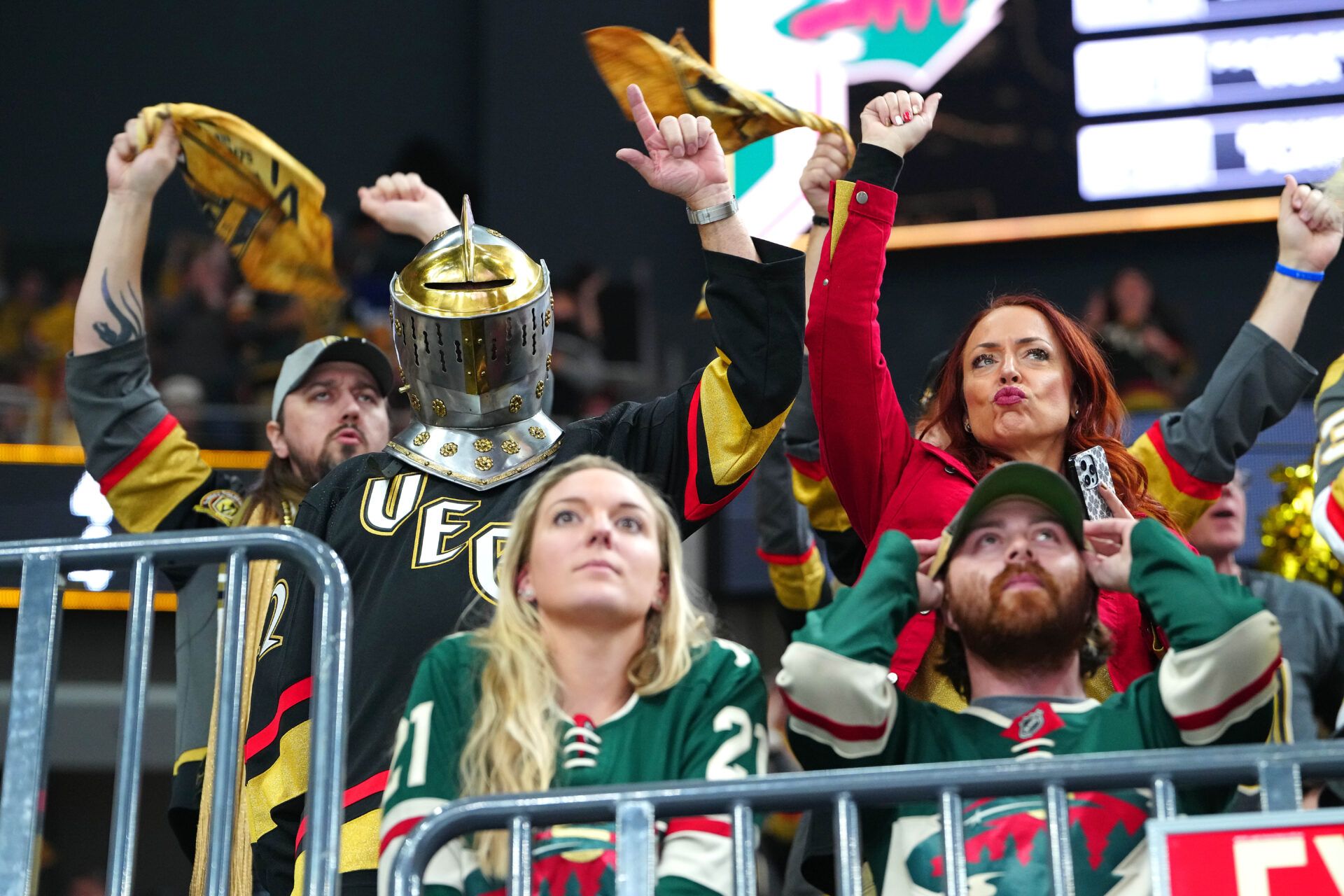 Vegas Golden Knights fans celebrate a goal scored against the Minnesota Wild by Vegas Golden Knights right wing Mark Stone (61) during the first period of game five of the first round of the 2025 Stanley Cup Playoffs at T-Mobile Arena.
