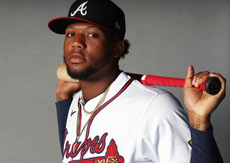 Atlanta Braves outfielder Ronald Acuna Jr. (13) takes photos during media day CoolToday Park.