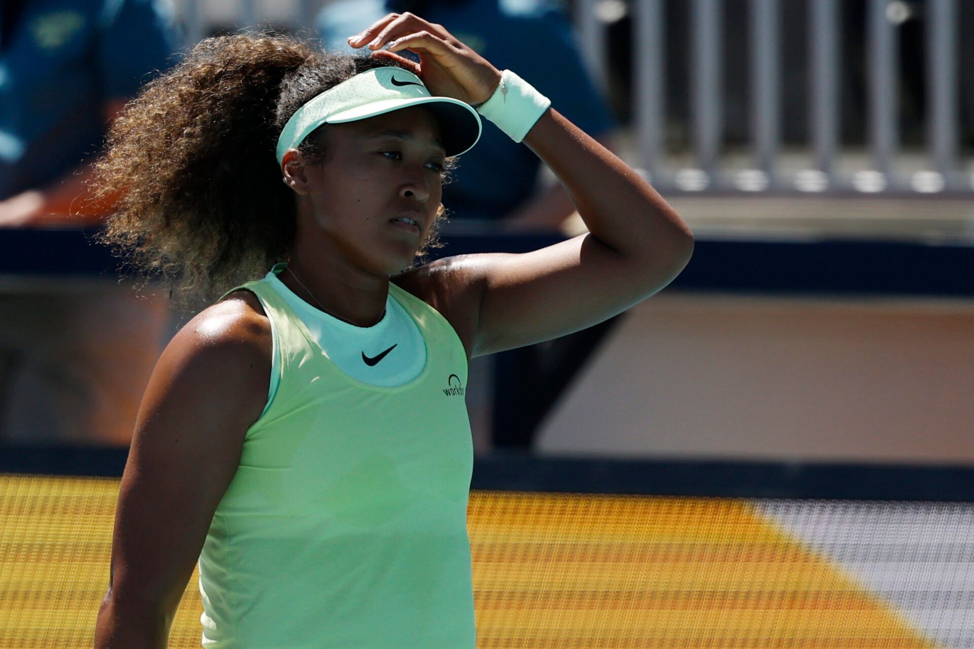 Naomi Osaka (JPN) reacts after losing a game against against Yulia Starodubtseva (UKR) (not pictured) on day one of the Miami Open at Hard Rock Stadium.