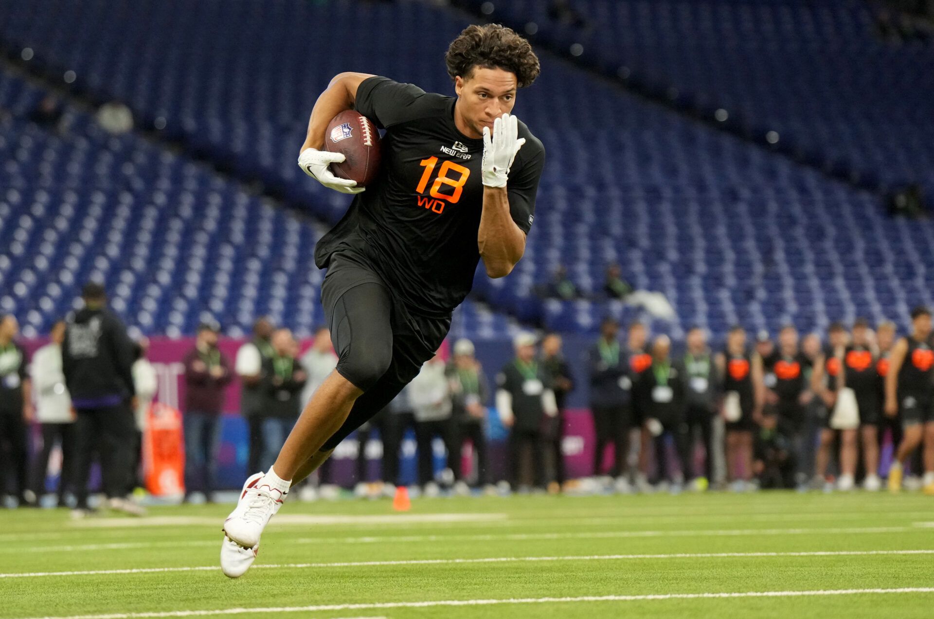 Iowa State wideout Jayden Higgins (WO18) during the 2025 NFL Combine at Lucas Oil Stadium.