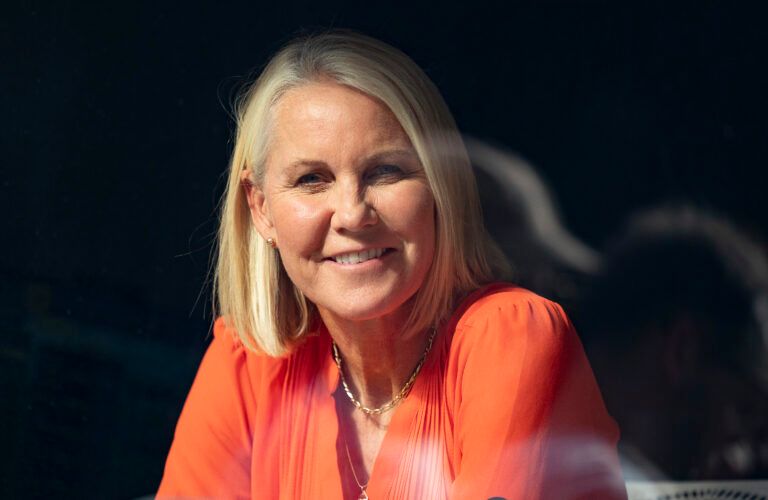 ESPN Commentator, Rennae Stubbs in the booth for the Paula Badosa (ESP) and Petra Kvitova (CZE) match on day six at All England Lawn Tennis and Croquet Club.